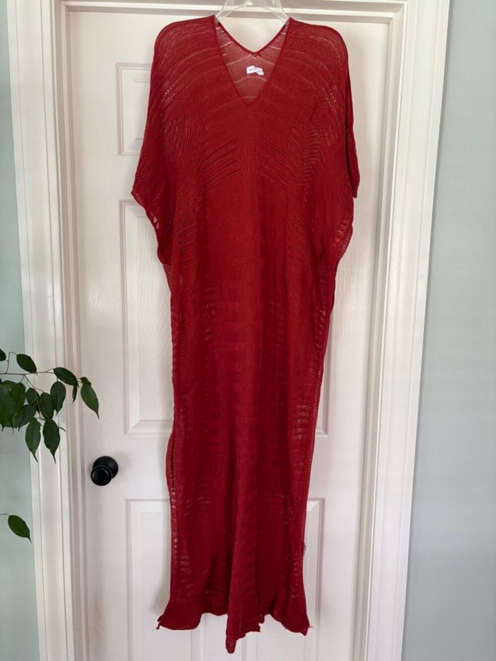Mer Sea Crochet Loose Knit Tunic Kaftan Coverup Dress Red, OS